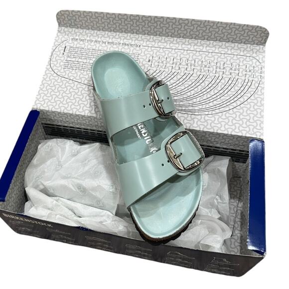 NIB Birkenstock Arizona Big Buckle Sandals High Shine Surf Green - Picture 2 of 6